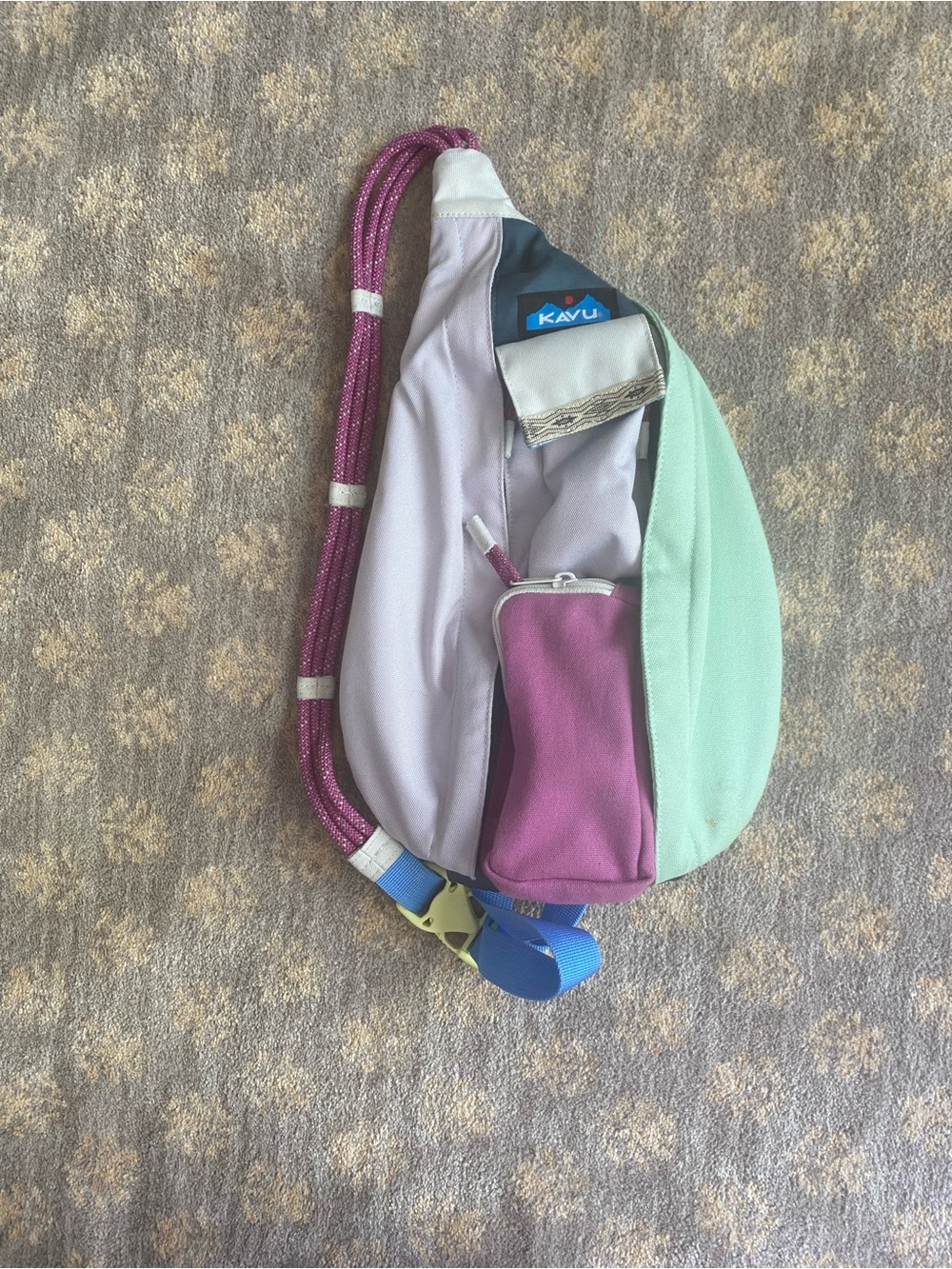Kavu Mint, Lavender & Purple Sling Bag with Pink Strap